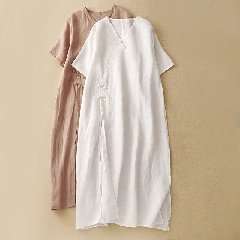 Buddha Stones Summer V-Neck Frog-Button Short Sleeve Cotton Linen Women's Midi Dress