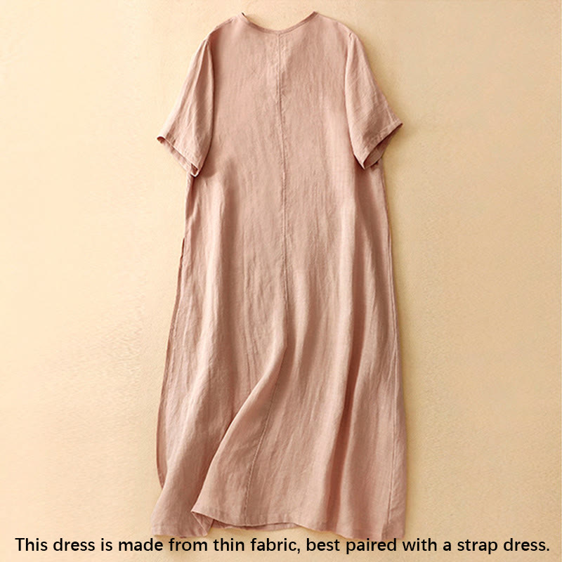 Buddha Stones Summer V-Neck Frog-Button Short Sleeve Cotton Linen Women's Midi Dress