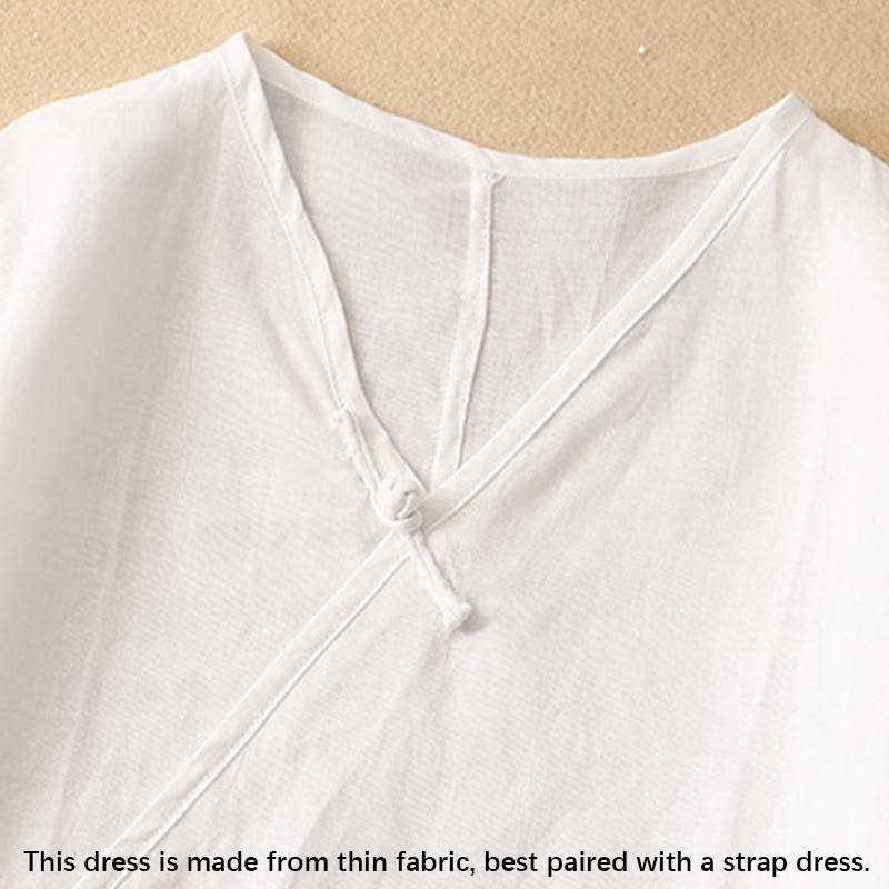 Buddha Stones Summer V-Neck Frog-Button Short Sleeve Cotton Linen Women's Midi Dress