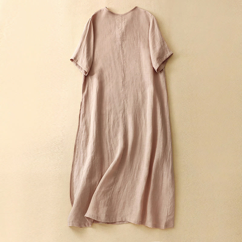 Buddha Stones Summer V-Neck Frog-Button Short Sleeve Cotton Linen Women's Midi Dress