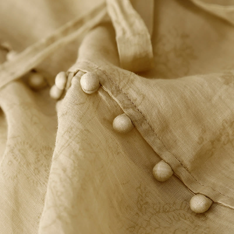 Buddha Stones Summer V-Neck Lace-up Short Sleeve Cotton Linen Women's Midi Dress With Pockets