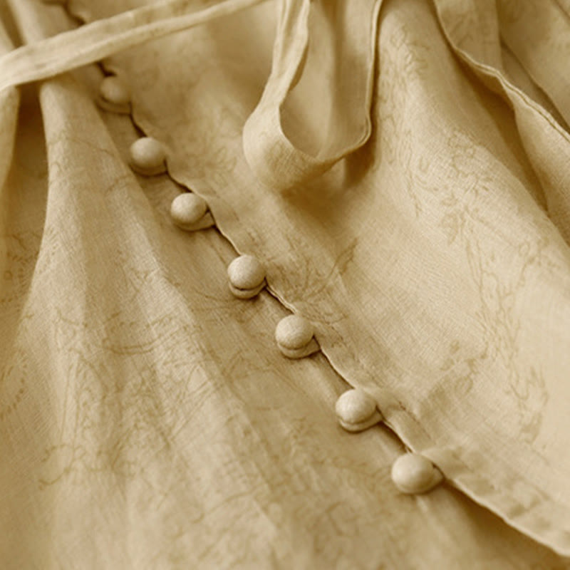 Buddha Stones Summer V-Neck Lace-up Short Sleeve Cotton Linen Women's Midi Dress With Pockets