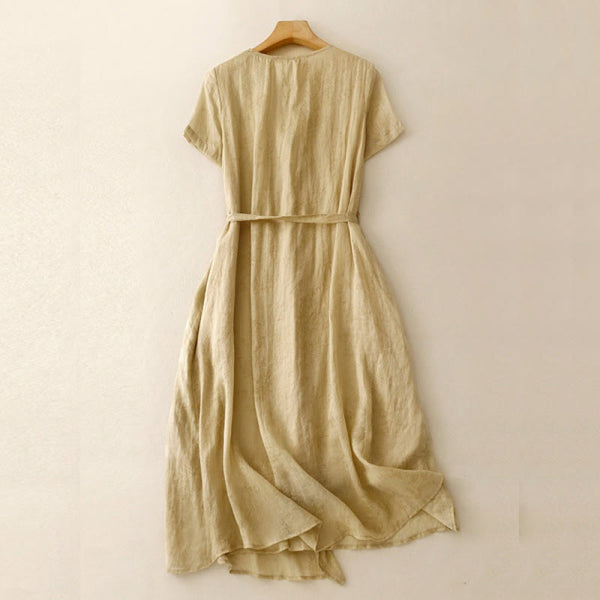 Buddha Stones Summer V-Neck Lace-up Short Sleeve Cotton Linen Women's Midi Dress With Pockets