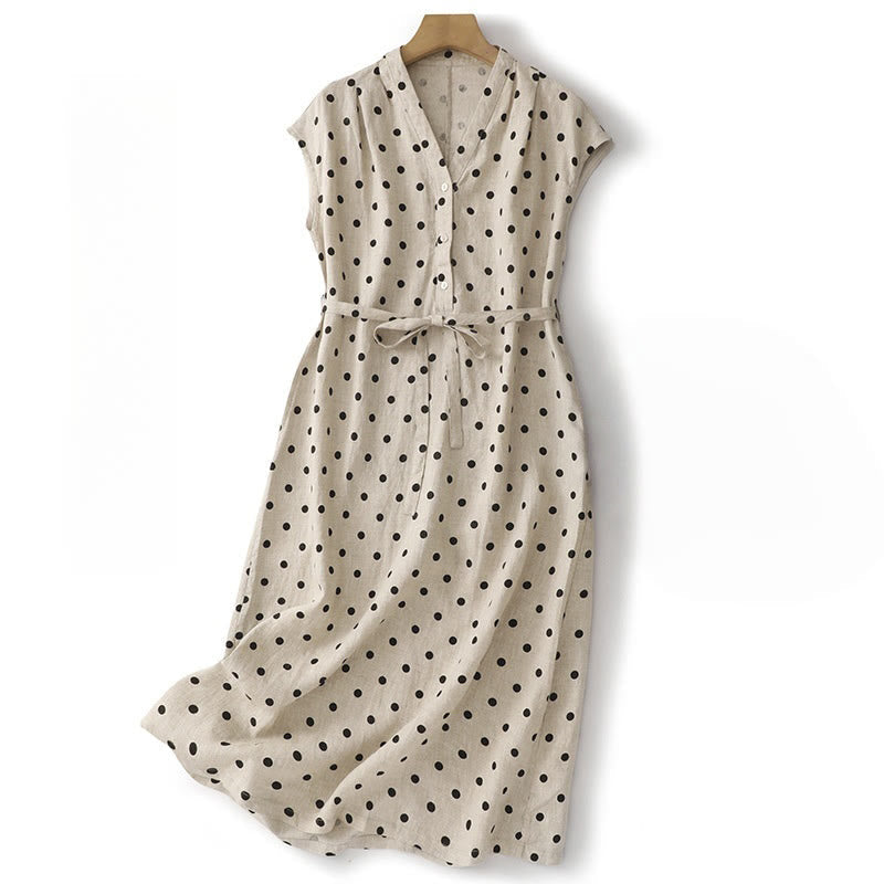 Buddha Stones Summer Polka Dot V-Neck Lace-up Cotton Linen Women's Midi Dress With Pockets