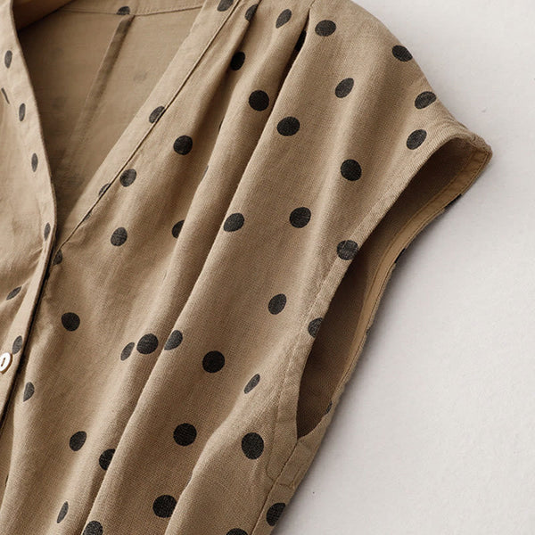 Buddha Stones Summer Polka Dot V-Neck Lace-up Cotton Linen Women's Midi Dress With Pockets