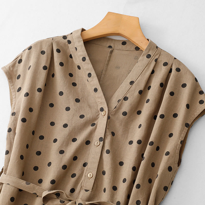 Buddha Stones Summer Polka Dot V-Neck Lace-up Cotton Linen Women's Midi Dress With Pockets