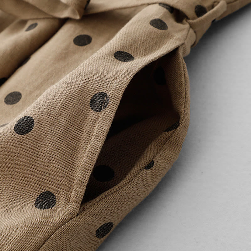 Buddha Stones Summer Polka Dot V-Neck Lace-up Cotton Linen Women's Midi Dress With Pockets