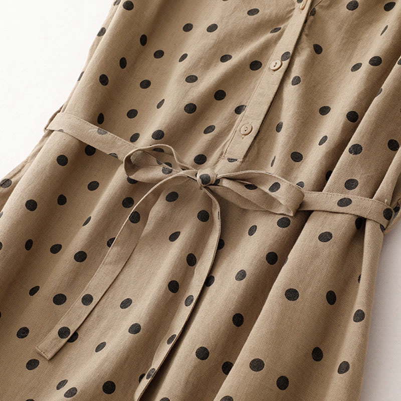 Buddha Stones Summer Polka Dot V-Neck Lace-up Cotton Linen Women's Midi Dress With Pockets