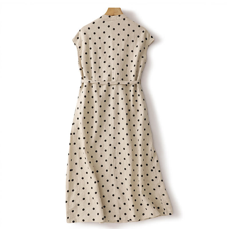Buddha Stones Summer Polka Dot V-Neck Lace-up Cotton Linen Women's Midi Dress With Pockets