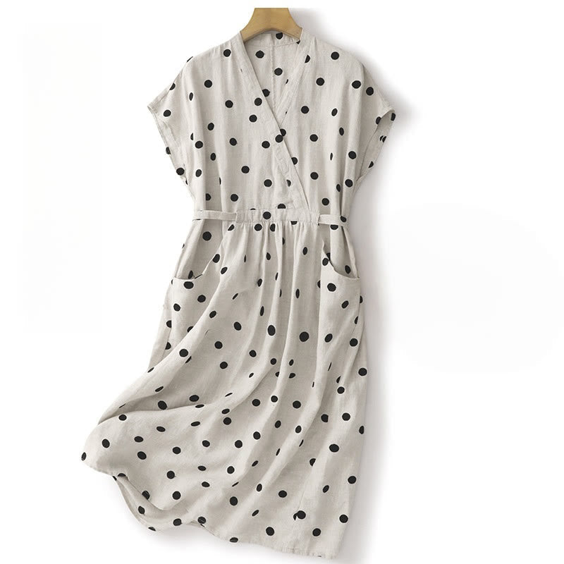 Buddha Stones Polka Dot V-Neck Lace-up Cotton Linen Women's Midi Dress With Pockets