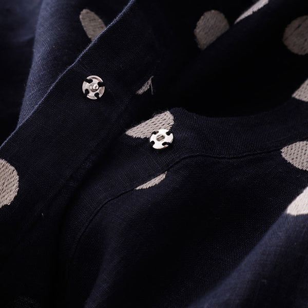 Buddha Stones Polka Dot V-Neck Lace-up Cotton Linen Women's Midi Dress With Pockets