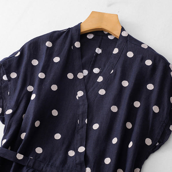 Buddha Stones Polka Dot V-Neck Lace-up Cotton Linen Women's Midi Dress With Pockets