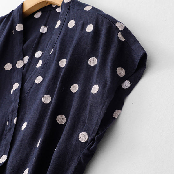 Buddha Stones Polka Dot V-Neck Lace-up Cotton Linen Women's Midi Dress With Pockets