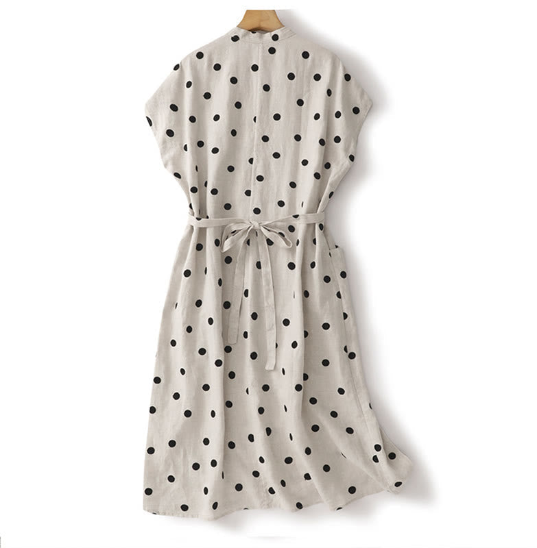Buddha Stones Polka Dot V-Neck Lace-up Cotton Linen Women's Midi Dress With Pockets