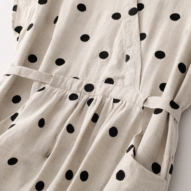 Buddha Stones Polka Dot V-Neck Lace-up Cotton Linen Women's Midi Dress With Pockets