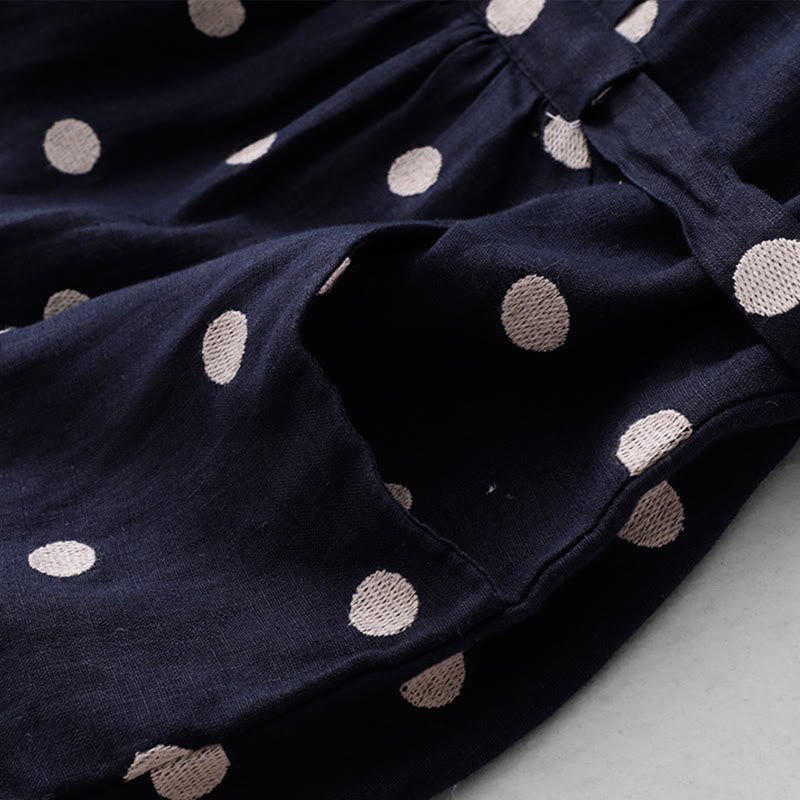 Buddha Stones Polka Dot V-Neck Lace-up Cotton Linen Women's Midi Dress With Pockets