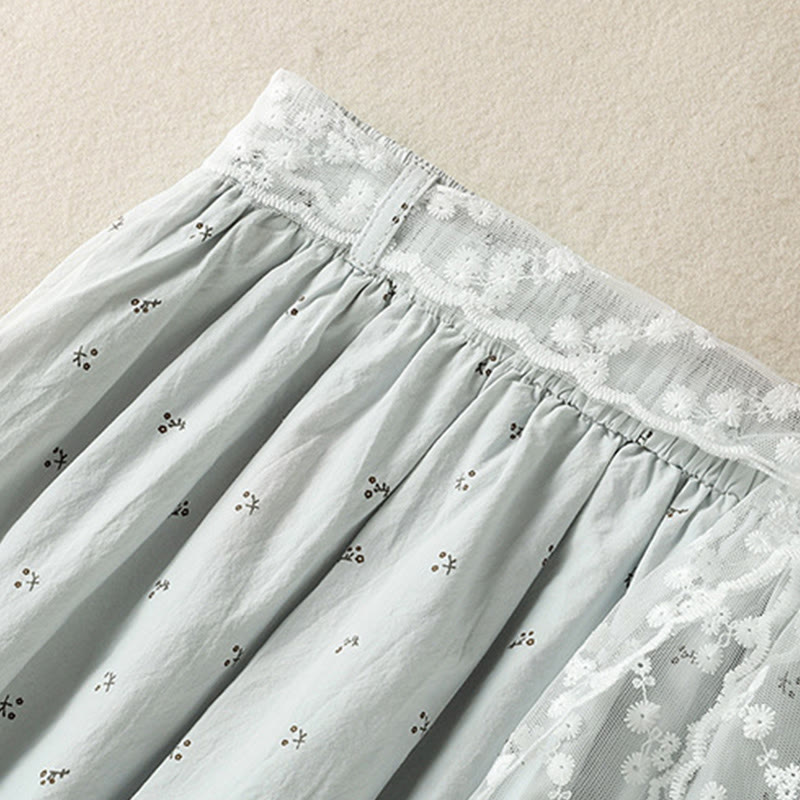 Buddha Stones Small Flowers Elastic Waist Cotton Women's Skirt With Pockets