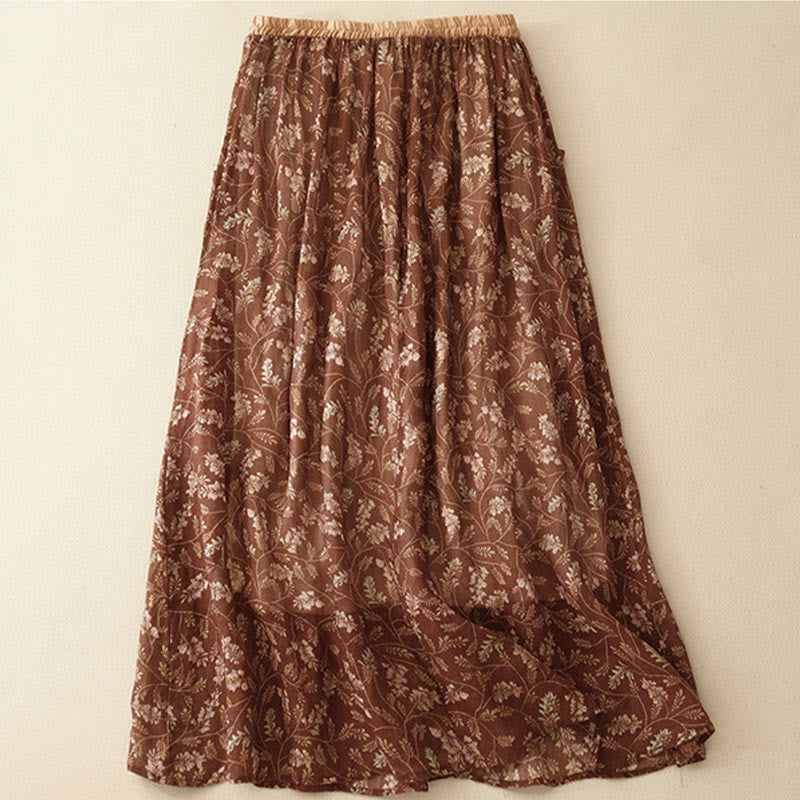 Buddha Stones Floral A-line Elastic Waist Cotton Linen Women's Skirt With Pockets