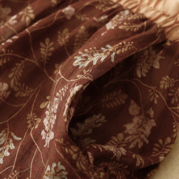 Buddha Stones Floral A-line Elastic Waist Cotton Linen Women's Skirt With Pockets