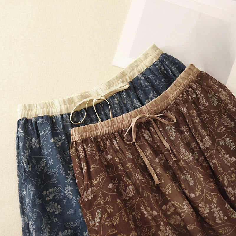 Buddha Stones Floral A-line Elastic Waist Cotton Linen Women's Skirt With Pockets