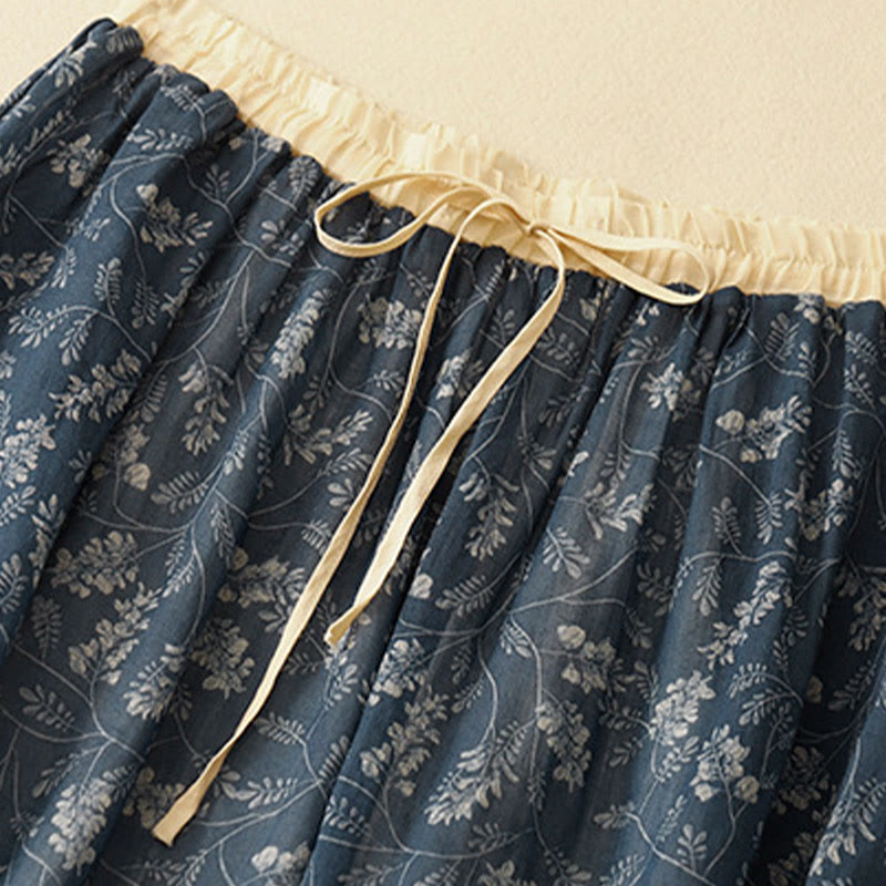 Buddha Stones Floral A-line Elastic Waist Cotton Linen Women's Skirt With Pockets