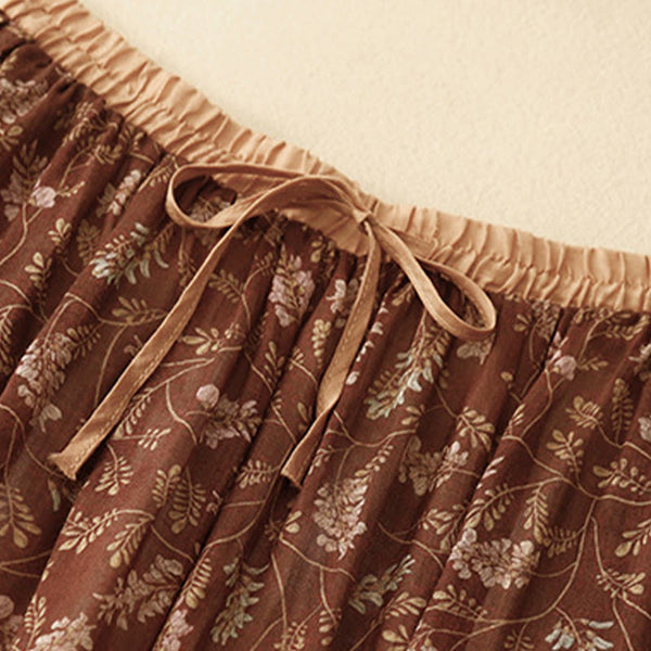 Buddha Stones Floral A-line Elastic Waist Cotton Linen Women's Skirt With Pockets