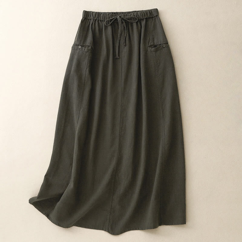 Buddha Stones Drawstring A-line Elastic Waist Cotton Women's Skirt With Button Pockets