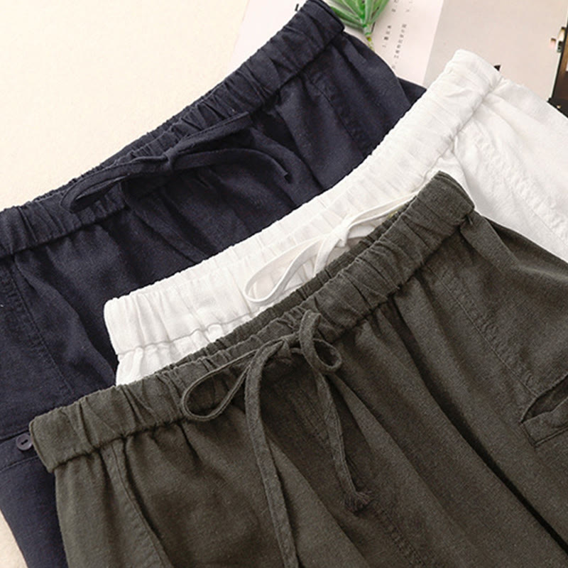 Buddha Stones Drawstring A-line Elastic Waist Cotton Women's Skirt With Button Pockets