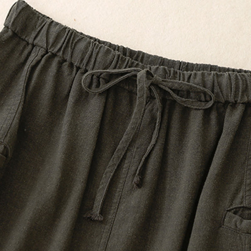 Buddha Stones Drawstring A-line Elastic Waist Cotton Women's Skirt With Button Pockets