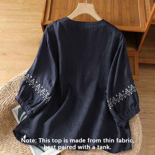 Buddha Stones Symmetrical Embroidery Cotton Women's Crew Neck Shirt