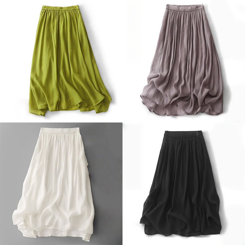 Buddha Stones Simple Pleated Design Elastic Waist Women's Skirt With Pockets