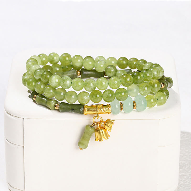 Buddha Stones Retro Multilayer Lily of the Valley Bamboo Green Chalcedony Strength Bracelet