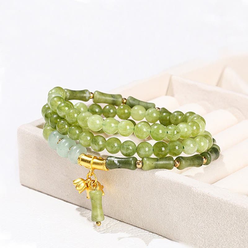 Buddha Stones Retro Multilayer Lily of the Valley Bamboo Green Chalcedony Strength Bracelet