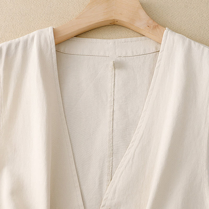 Buddha Stones Solid Color Front Buttons Sleeveless Women's Cotton Waistcoat With Pockets