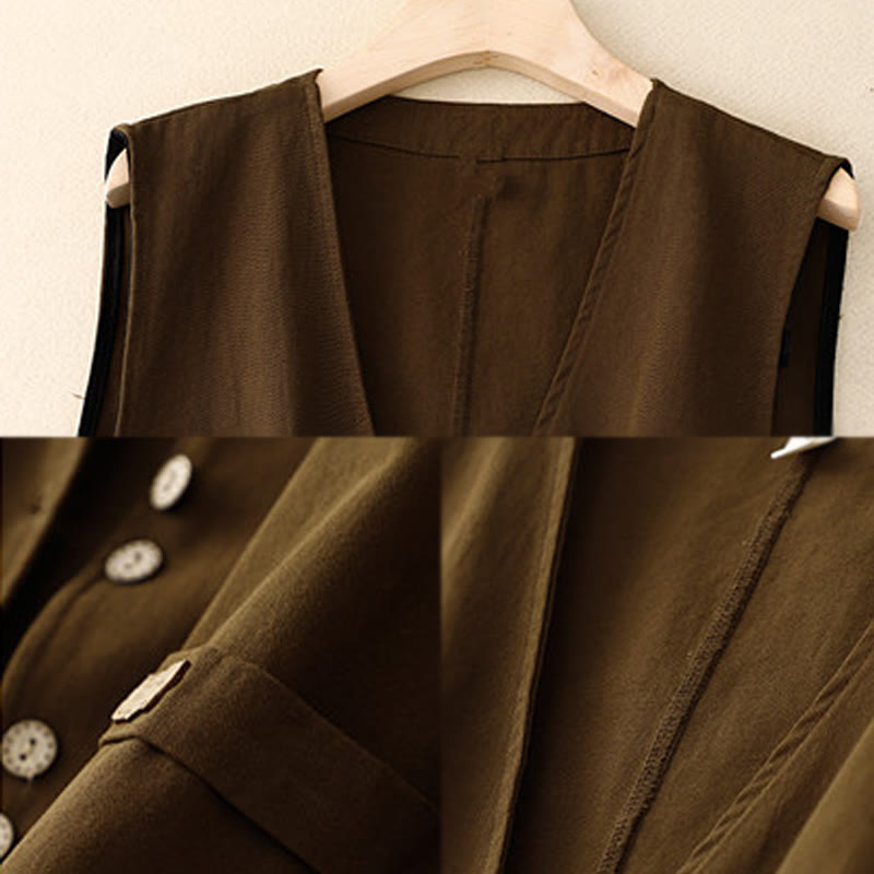 Buddha Stones Solid Color Front Buttons Sleeveless Women's Cotton Waistcoat With Pockets