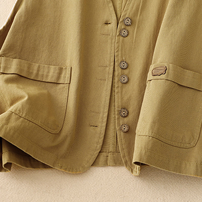 Buddha Stones Solid Color Front Buttons Sleeveless Women's Cotton Waistcoat With Pockets