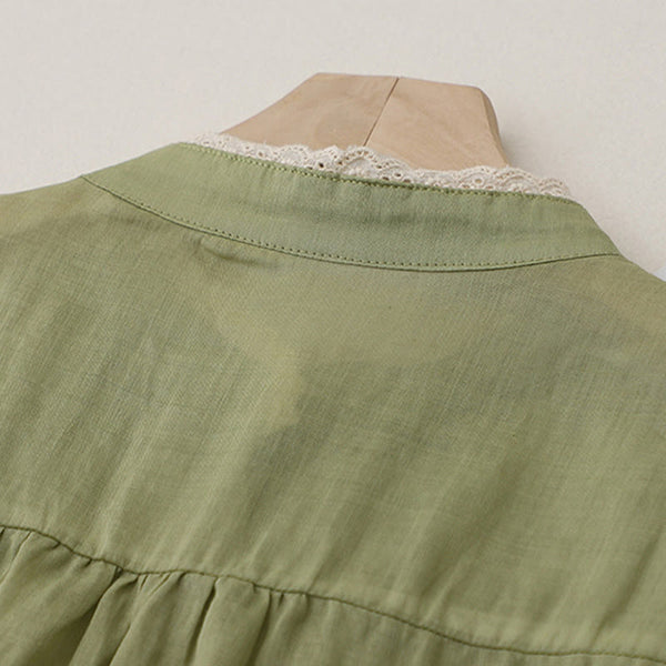 Buddha Stones Vintage Pure Color Lace Design Long Lantern Sleeve Women's Cotton Linen Shirt