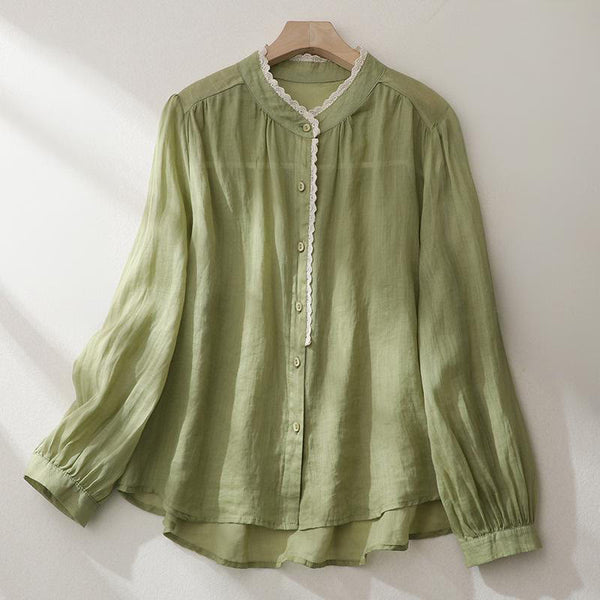 Buddha Stones Vintage Pure Color Lace Design Long Lantern Sleeve Women's Cotton Linen Shirt