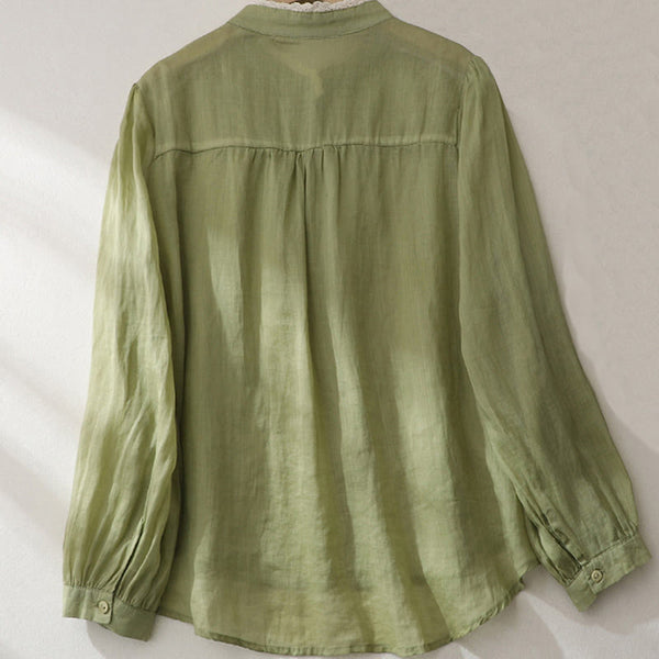 Buddha Stones Vintage Pure Color Lace Design Long Lantern Sleeve Women's Cotton Linen Shirt