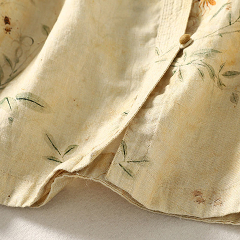 Buddha Stones Commute Chinese Frog-Button Long Lantern Sleeve Women's Cotton Linen Shirt