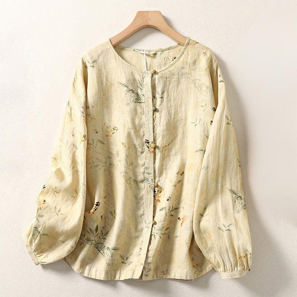 Buddha Stones Commute Chinese Frog-Button Long Lantern Sleeve Women's Cotton Linen Shirt