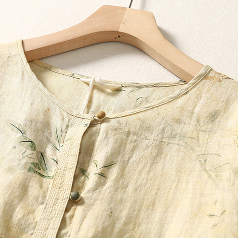 Buddha Stones Commute Chinese Frog-Button Long Lantern Sleeve Women's Cotton Linen Shirt