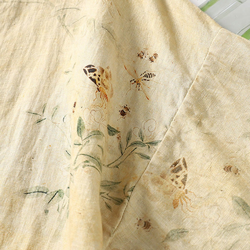 Buddha Stones Commute Chinese Frog-Button Long Lantern Sleeve Women's Cotton Linen Shirt