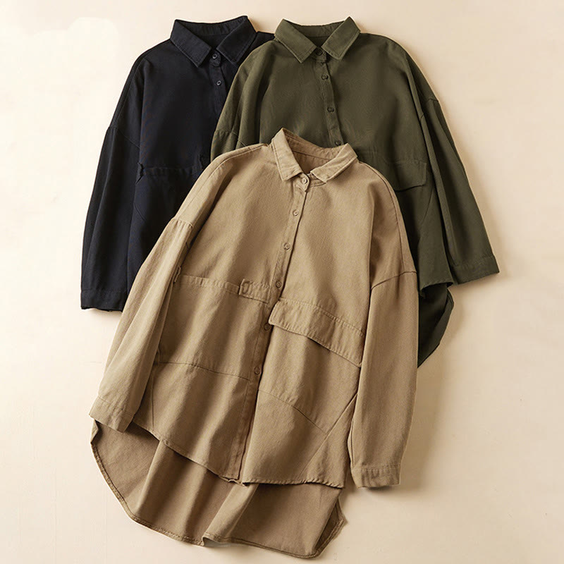 Buddha Stones Fall Irregular Design Long Sleeve Women's Cotton Linen Lapel Jacket With Pockets