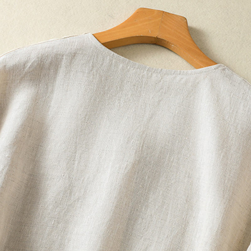 Buddha Stones Casual Spring Plain Buttons Design V-Neck Long Sleeve Women's Cotton Linen Shirt