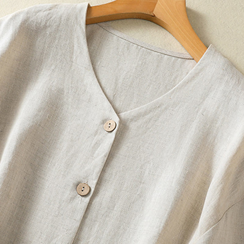 Buddha Stones Casual Spring Plain Buttons Design V-Neck Long Sleeve Women's Cotton Linen Shirt