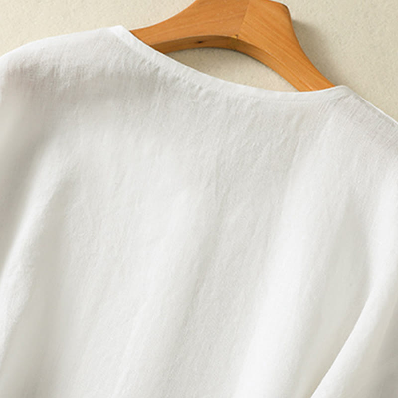 Buddha Stones Casual Spring Plain Buttons Design V-Neck Long Sleeve Women's Cotton Linen Shirt