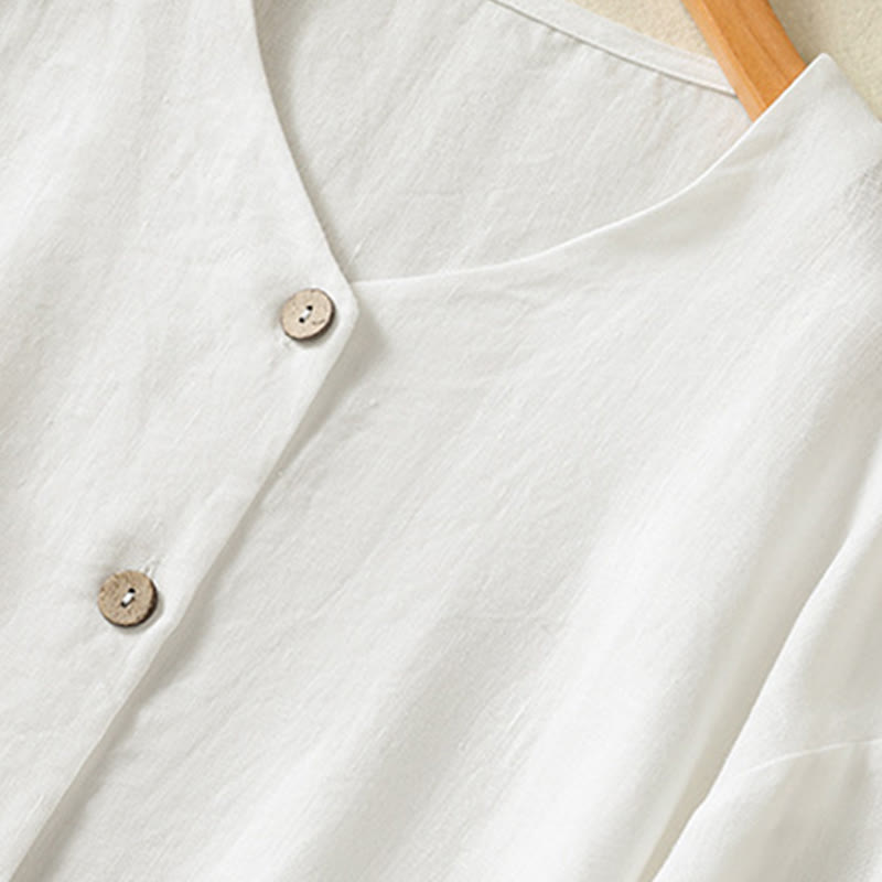 Buddha Stones Casual Spring Plain Buttons Design V-Neck Long Sleeve Women's Cotton Linen Shirt