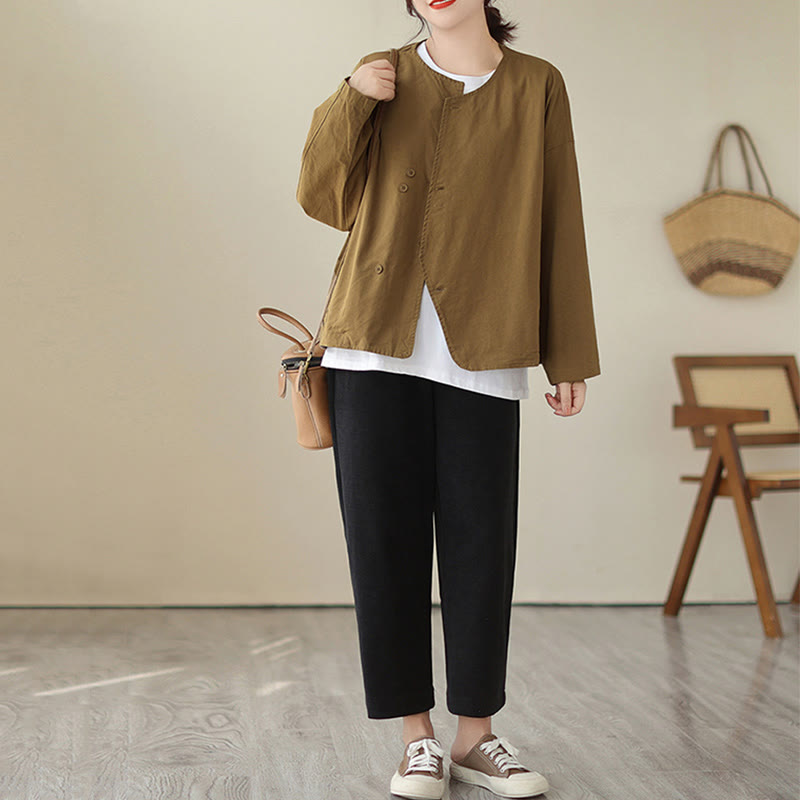 Buddha Stones Spring Plain Asymmetry Design Long Sleeve Women's Cotton Linen Jacket With Pockets