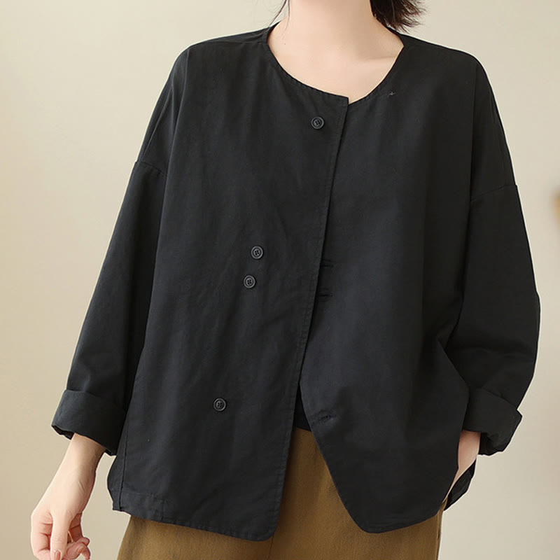 Buddha Stones Spring Plain Asymmetry Design Long Sleeve Women's Cotton Linen Jacket With Pockets